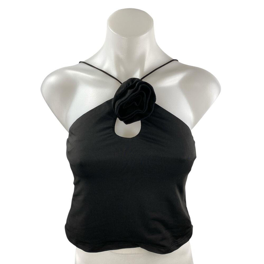 NEW White Fox Black Flower Keyhole Sleeveless Halter Camisole Crop Tank Top M